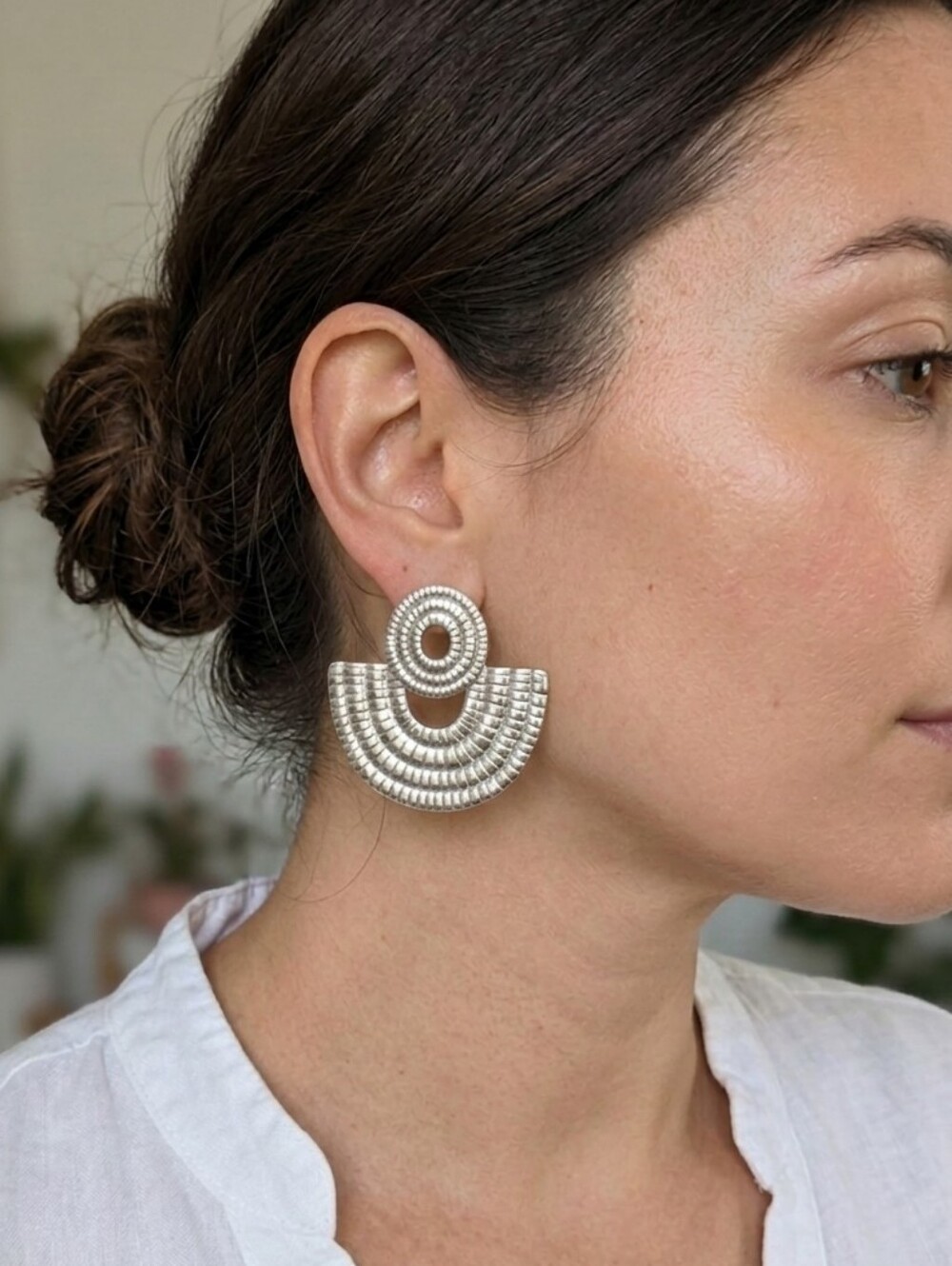 Stainless Steel Silver Textured Fan Dangle Earrings